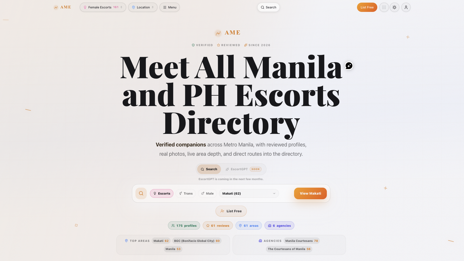 AME homepage hero introducing its verified Manila and Philippines escort directory, search controls, and live directory totals
