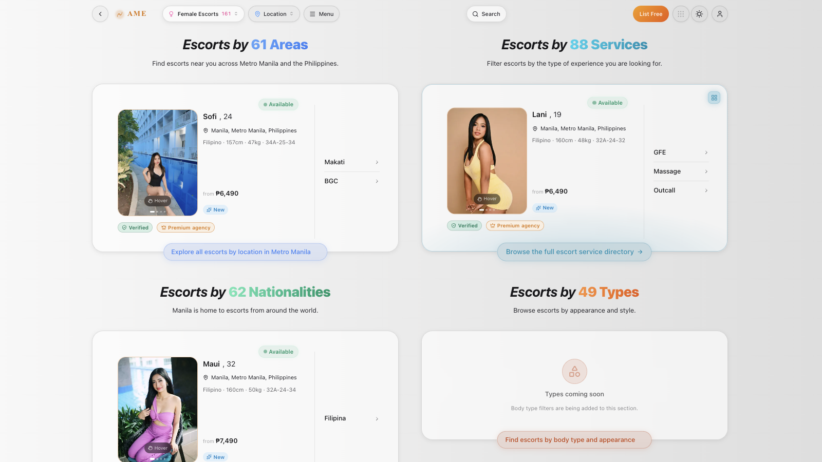 AME discovery panels for browsing escort profiles by area, service, nationality, and type