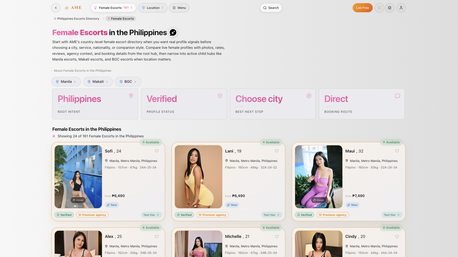 AME country-level female escorts directory with verified profile cards, city shortcuts, availability, rates, and direct contact routes