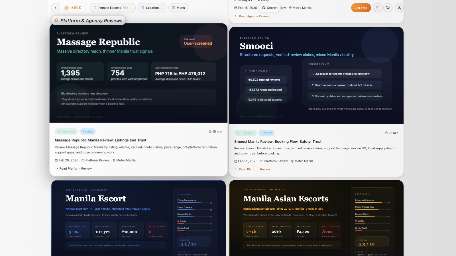 AME platform and agency review library comparing Manila directory reach, booking flow, pricing clarity, roster coverage, and public trust signals