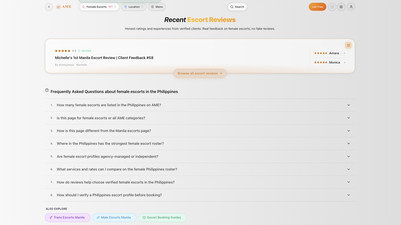 AME recent escort reviews and frequently asked questions on its Philippines female escort directory