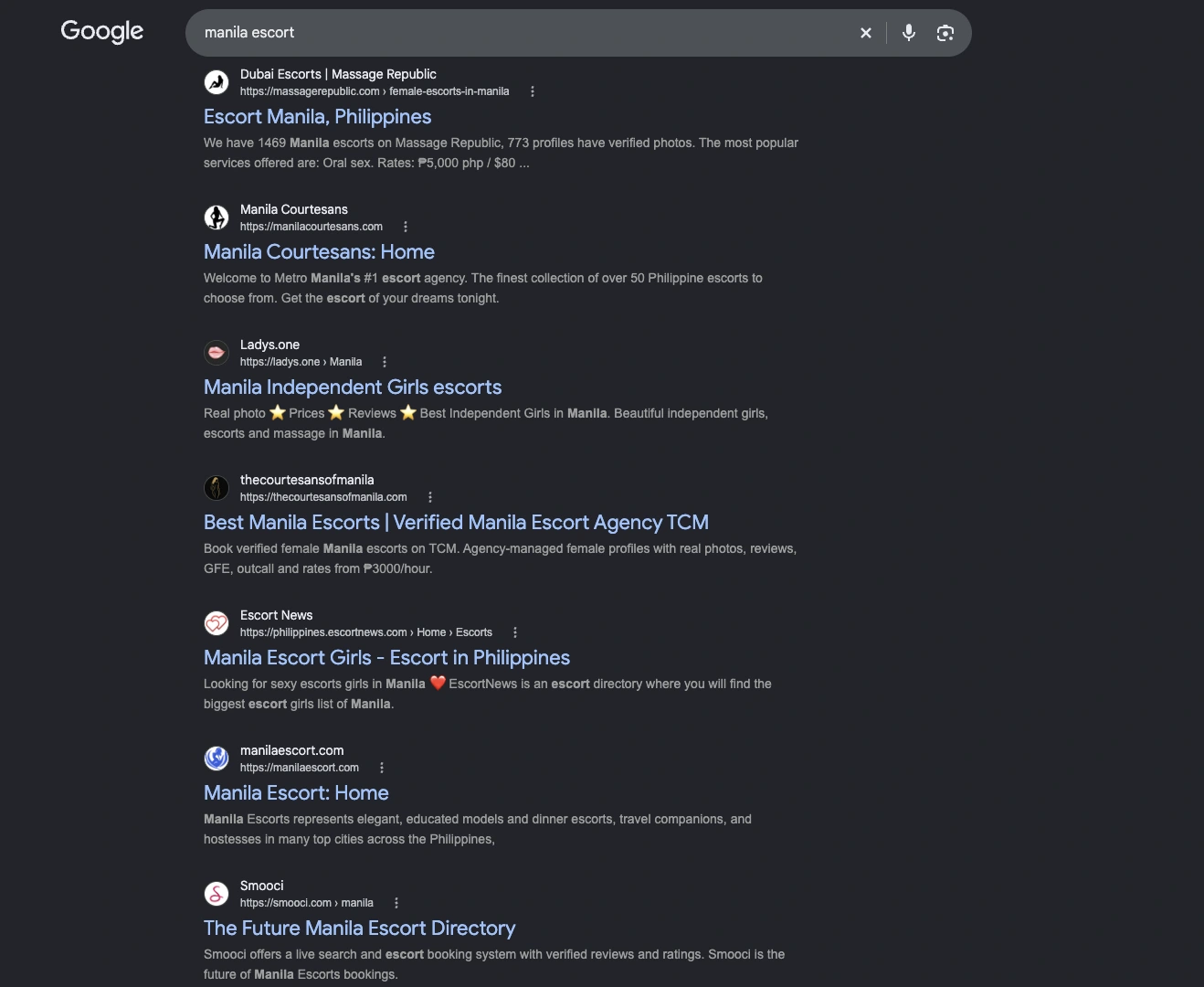 Incognito Google results for Manila escort showing Smooci and other directory and agency results