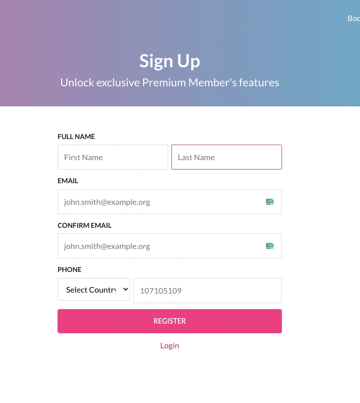 Smooci client registration form requesting name, email confirmation, country, and phone number
