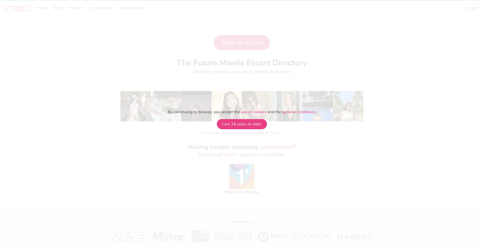 Smooci Manila homepage behind an 18-or-over confirmation covering cookie and general-condition consent