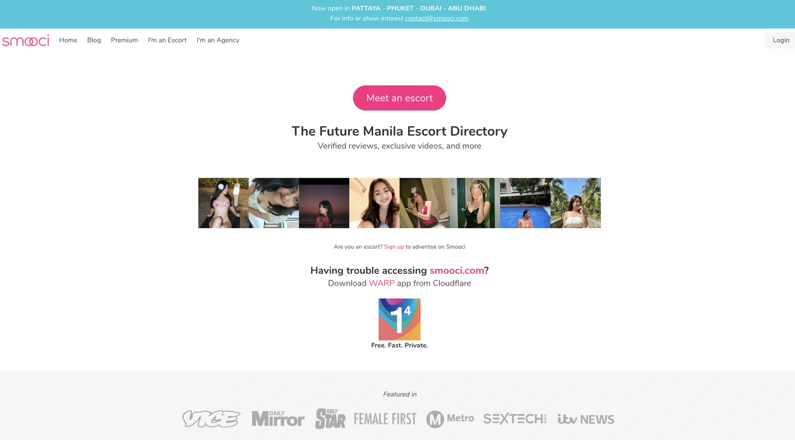 Smooci Manila homepage showing its Meet an escort button, short navigation, WARP suggestion, and media logos