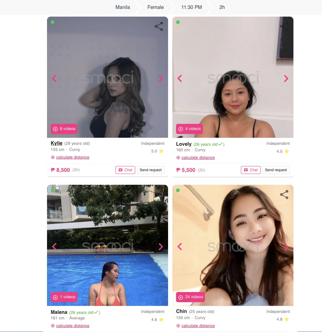 Four Smooci Manila online profile cards with prices, ratings, gallery controls, and video badges