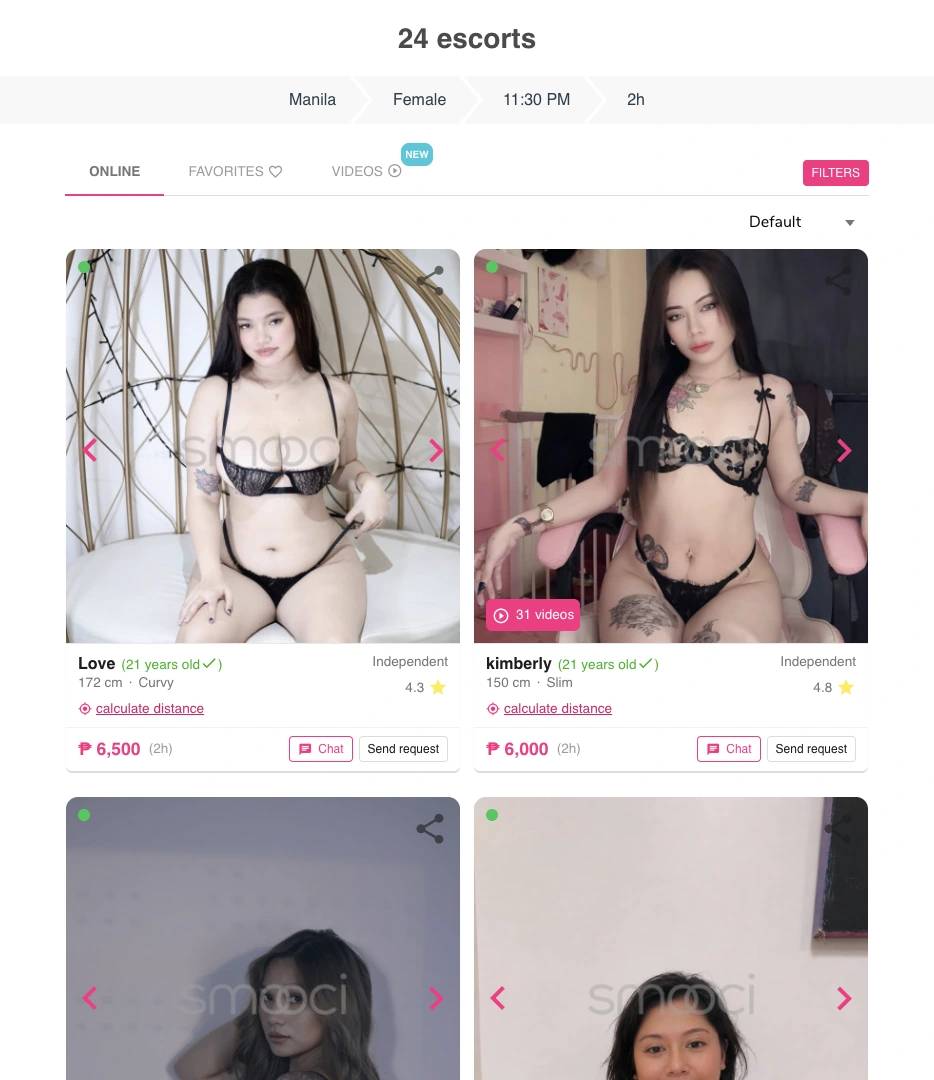 Smooci Manila results showing 24 online matches for a female 11:30 PM two-hour search