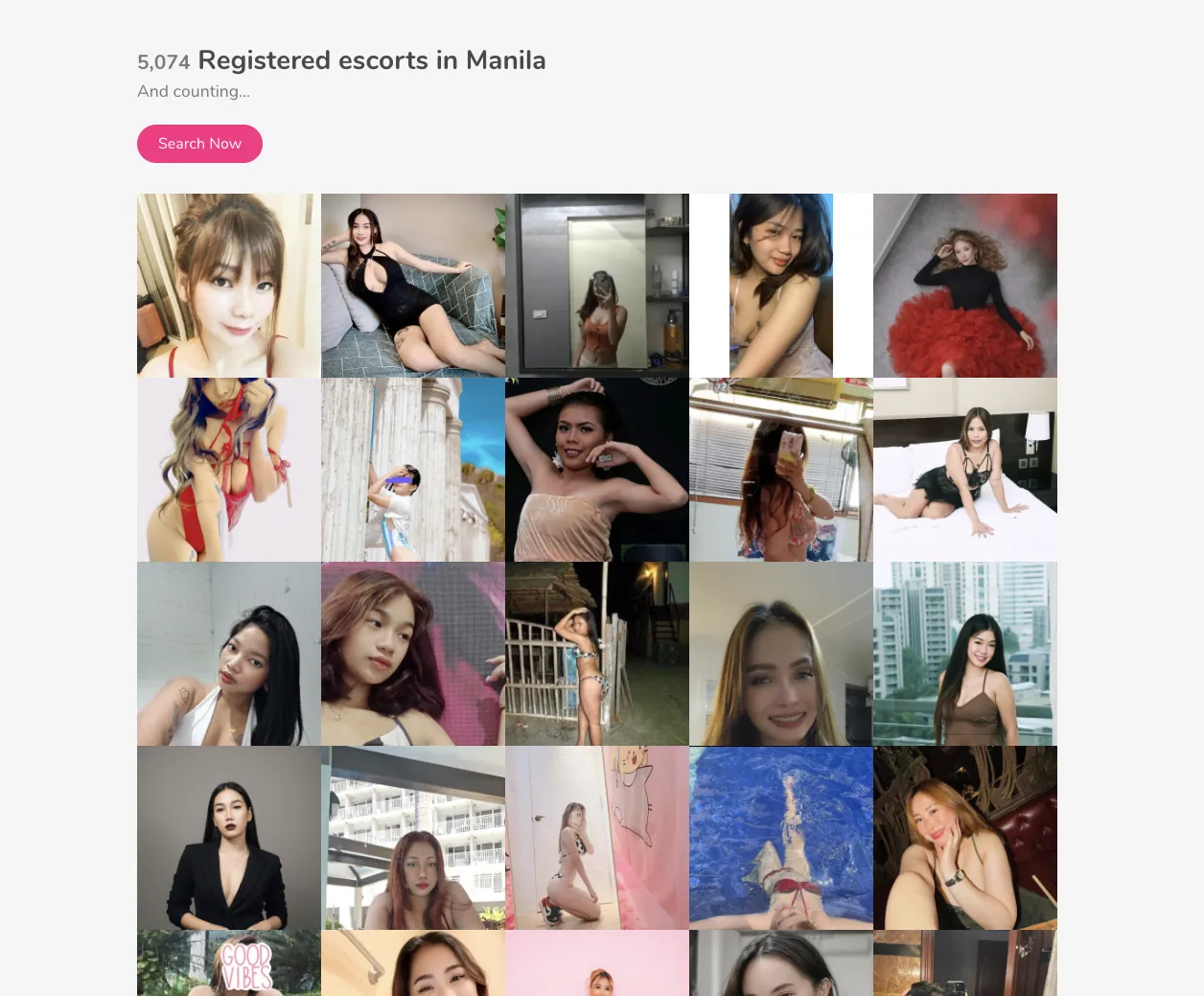 Smooci claim of 5,074 registered escorts in Manila above a profile-photo mosaic