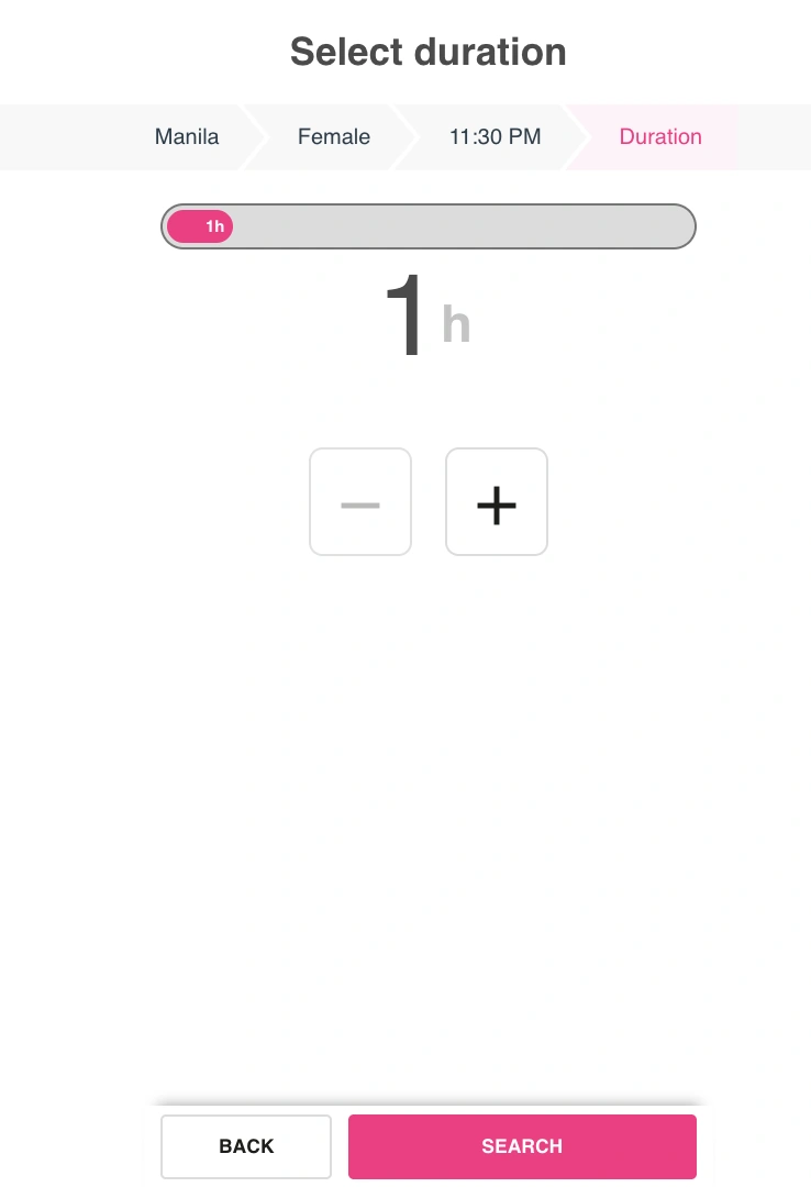 Smooci duration selector showing a one-hour minimum