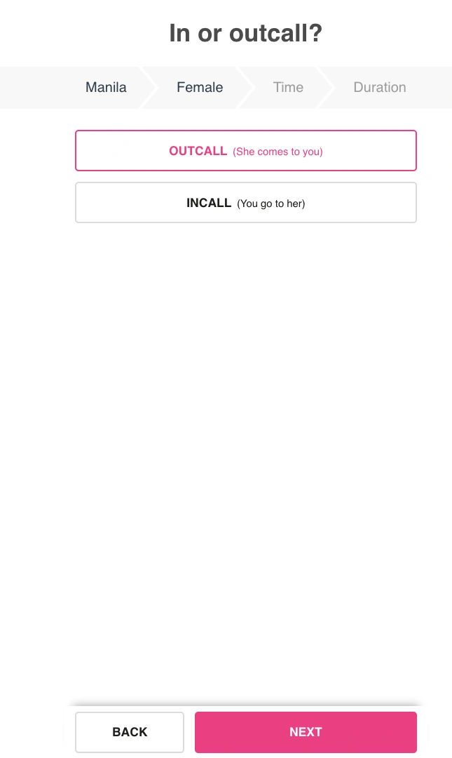 Smooci search asking the visitor to choose outcall or incall
