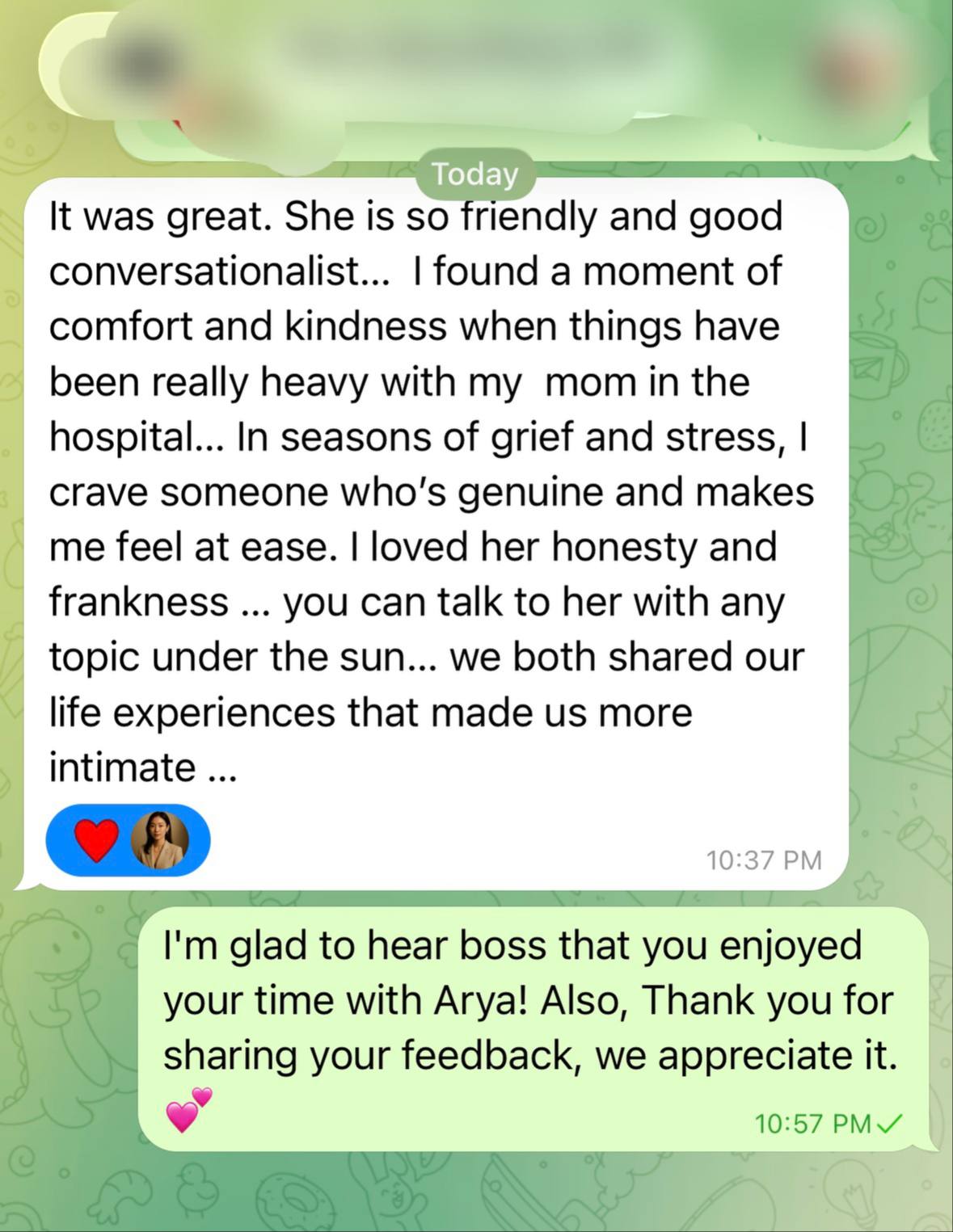 It was great. She is so friendly and good conversationalist... I foun... proof screenshot