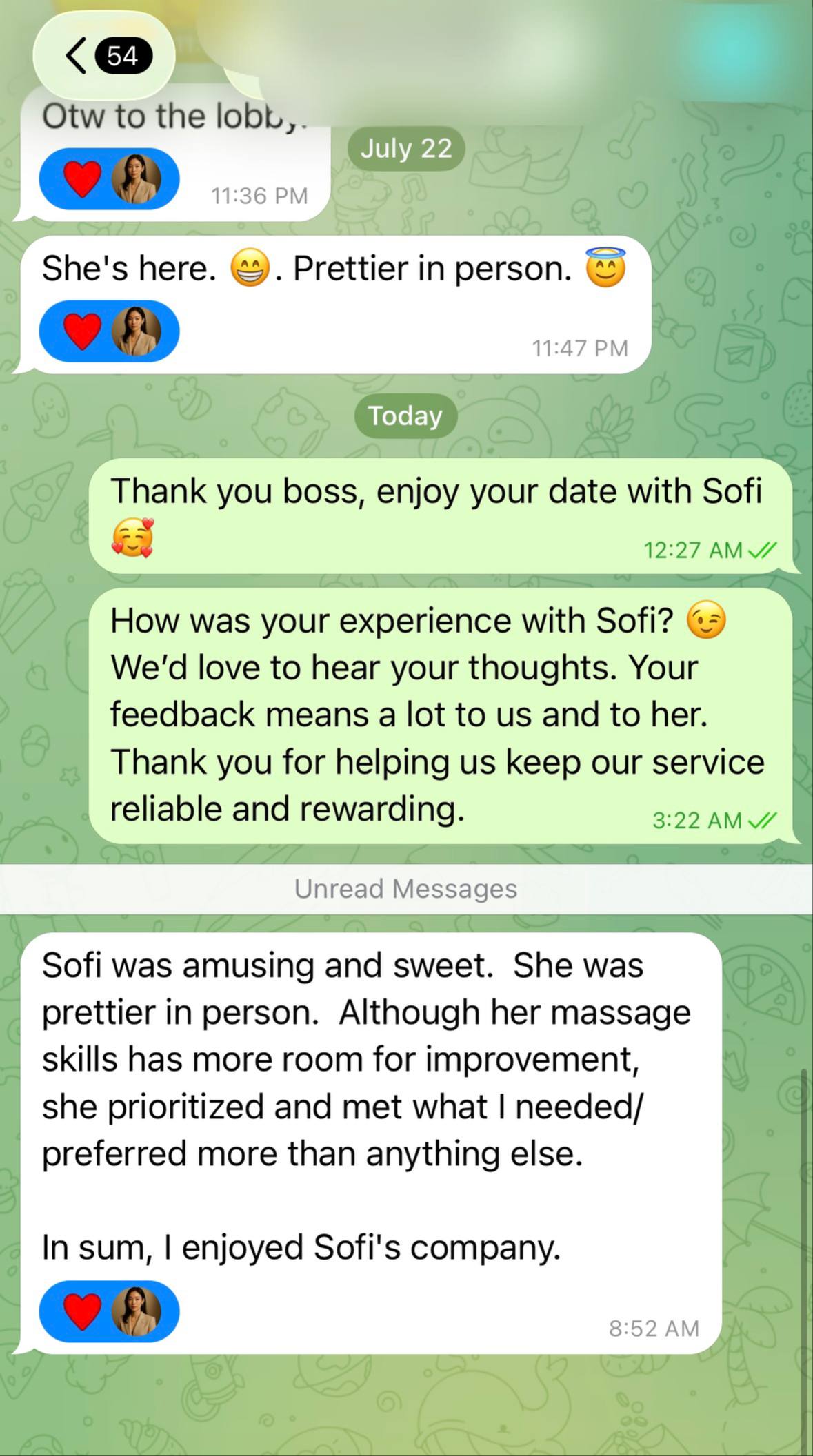 Sofi was amusing and sweet. She was prettier in person proof screenshot