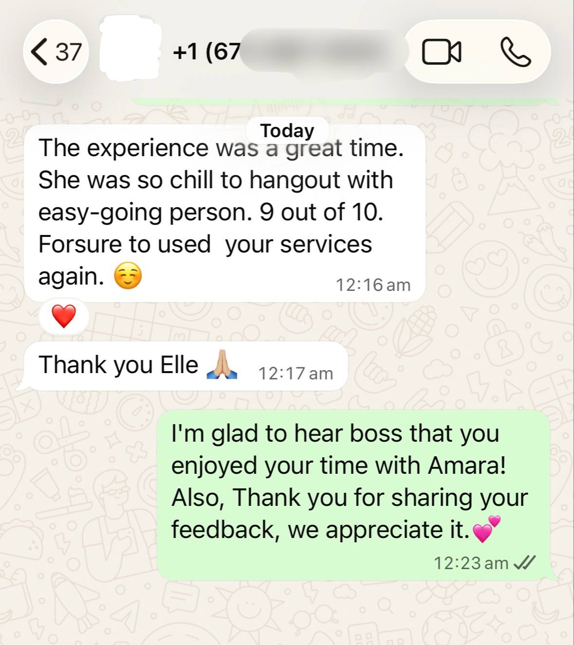 Amara's client review- The experience was a great time. She w... proof screenshot
