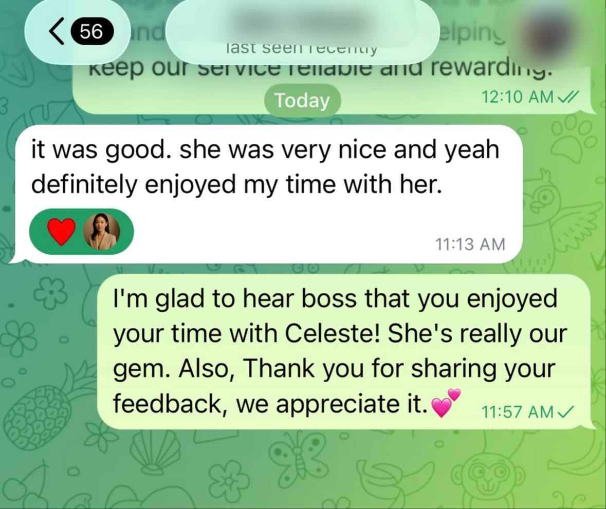 Celeste's client review- it was good. Celeste was very nice and yeah ... proof screenshot