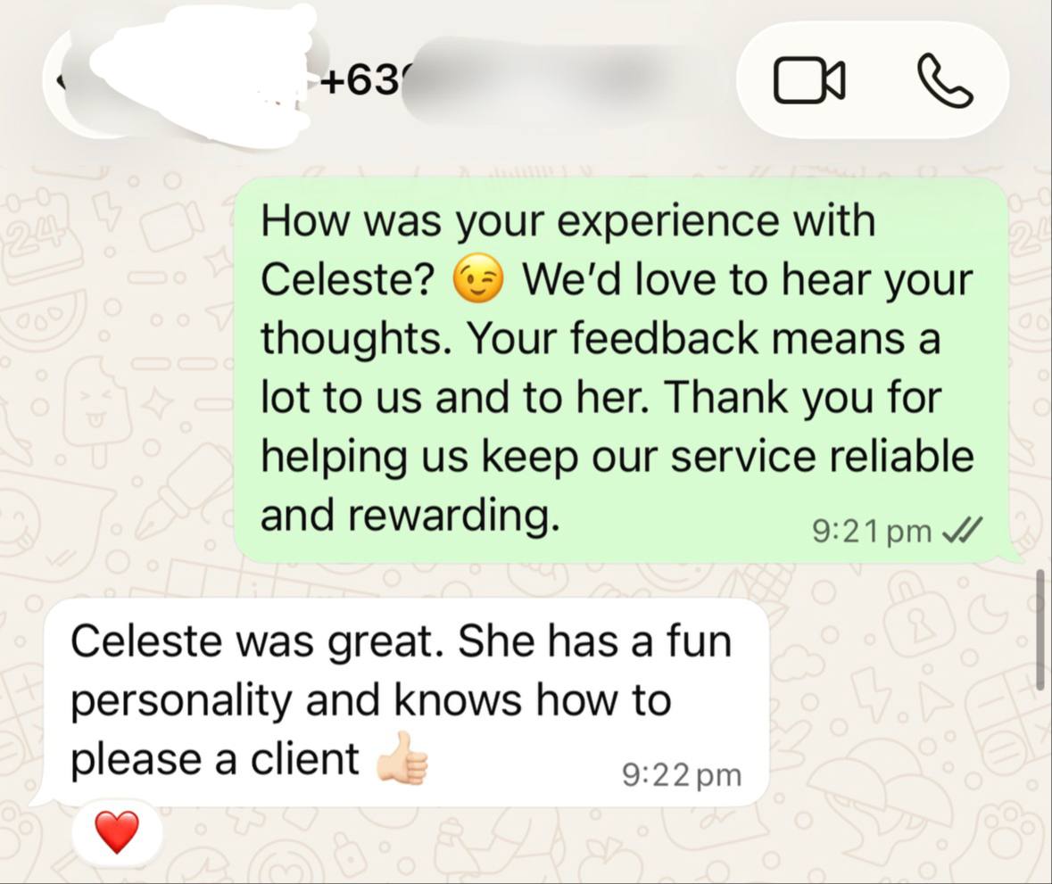 Celeste's client review- Celeste was great. She has a fun personality... proof screenshot