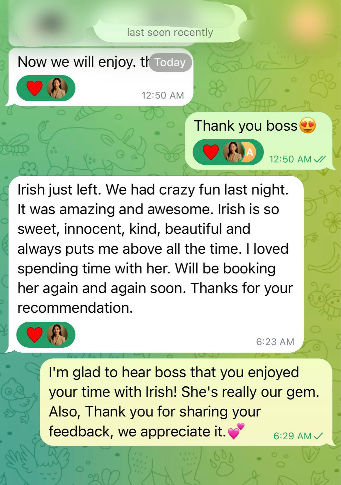 Irish's client review- We had crazy fun last night. It was am... proof screenshot