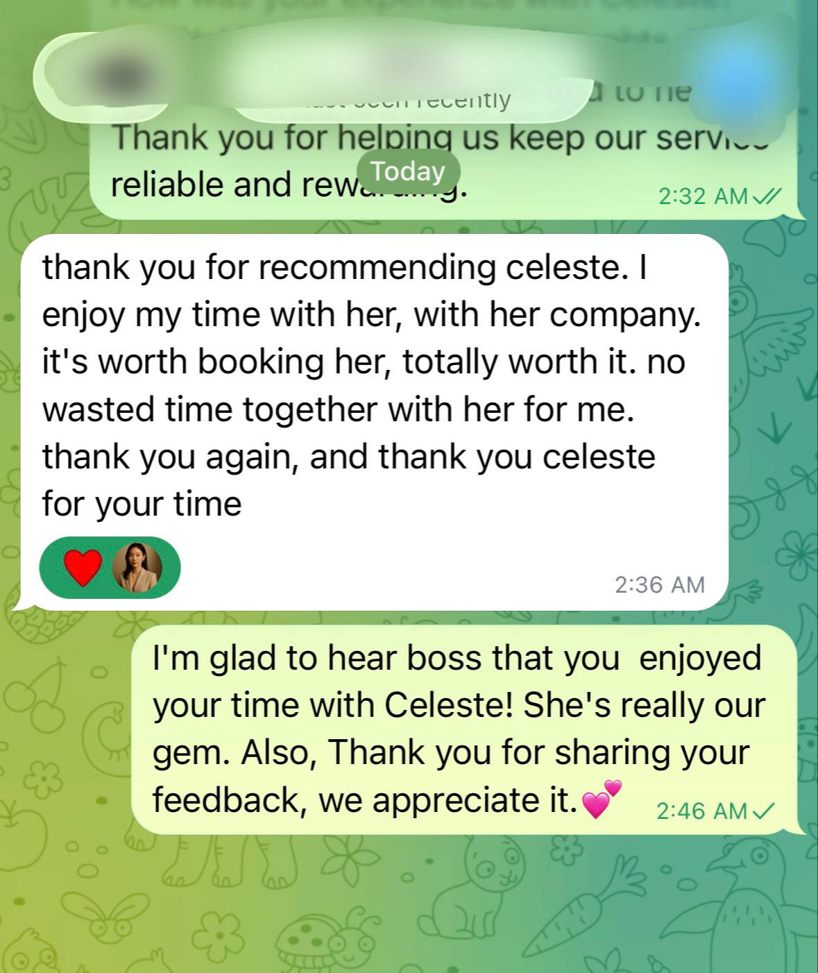Celeste's client review- Top-Tier Experience: Booking Celes... proof screenshot