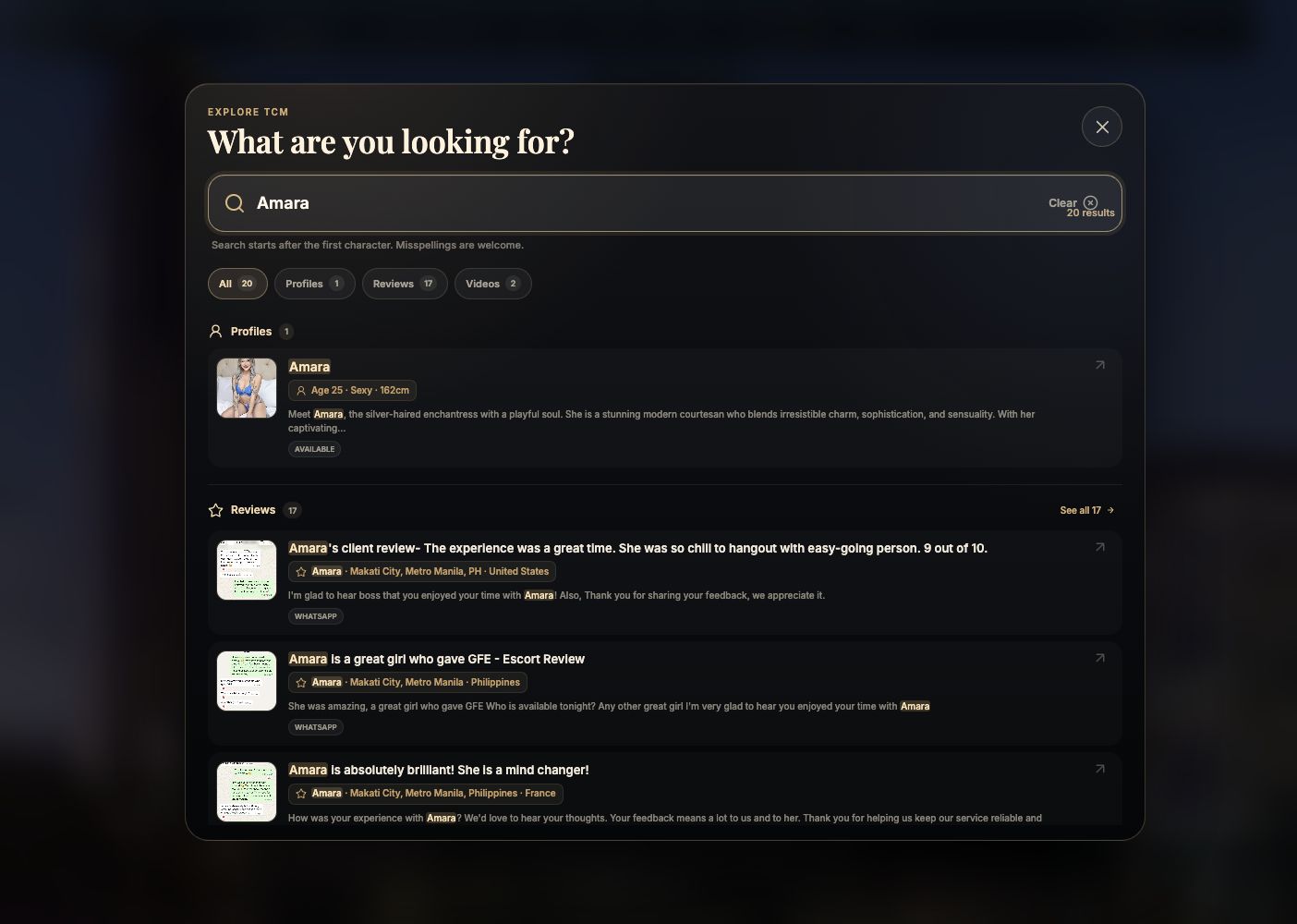 Desktop TCM Smart Search results for Amara grouped into profile, review, and video categories