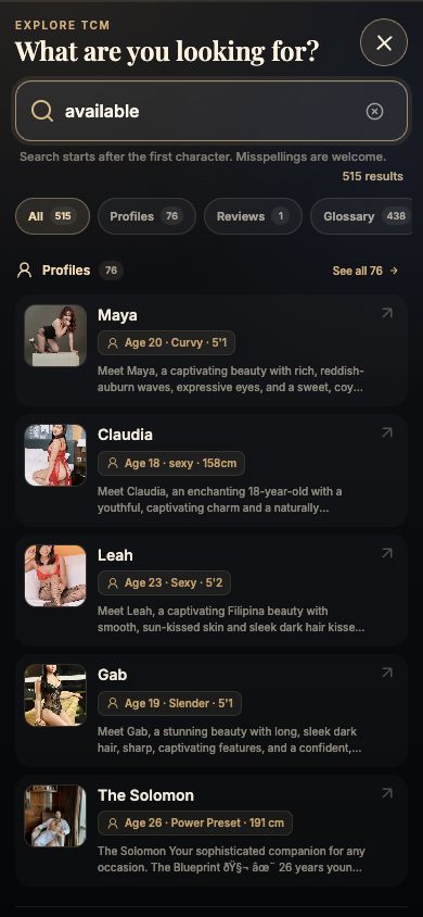 Mobile TCM Smart Search showing available profiles with photos and separate age, body type, and height details